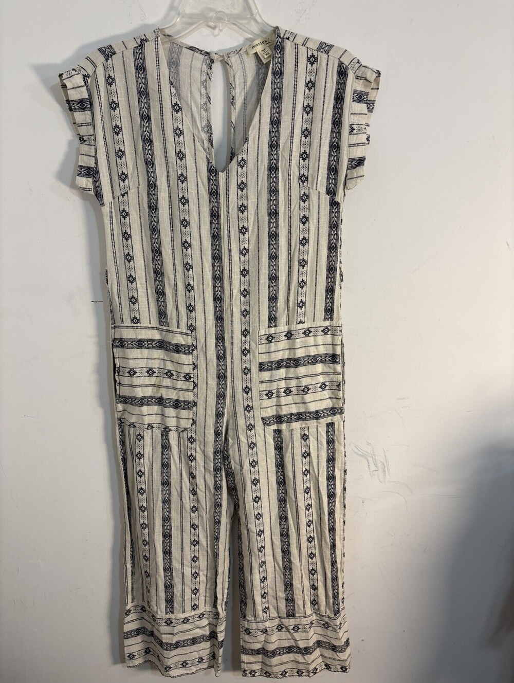 Monteau Los Angeles Striped Linen Blend Jumpsuit Womens XSmall Blue White Boho